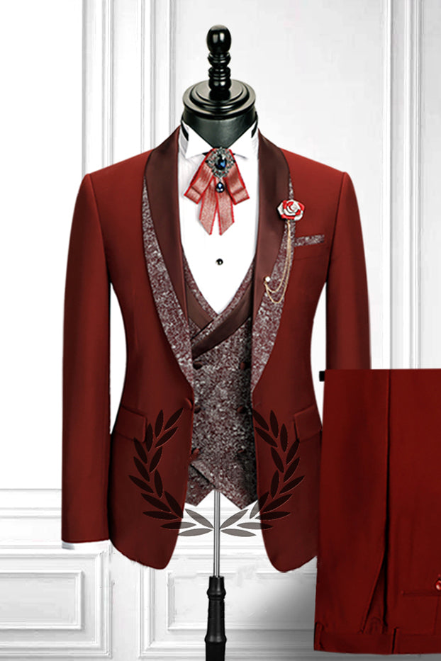 Stylish Red 3 Piece Stitching Lapel Double Breasted Waistcoat Men's Suit