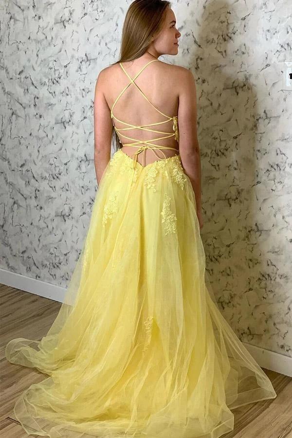 Amazing Yellow Lace Appliques Evening Dresses