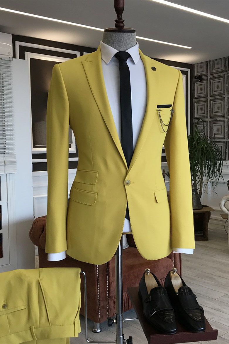 Formal Yellow Groom Suit With Peaked Lapel & One Button - 3 Flaps