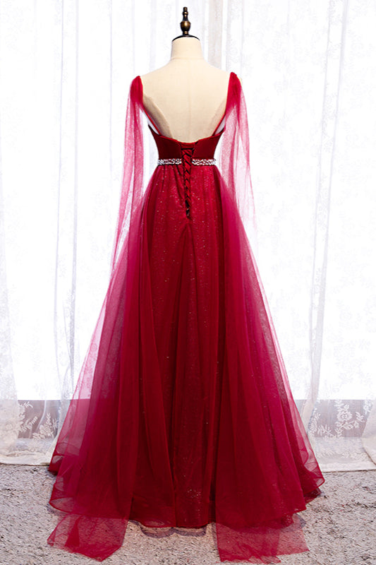 Burgundy Sleeveless Prom Dress with Tulle Ruffles & Beadings