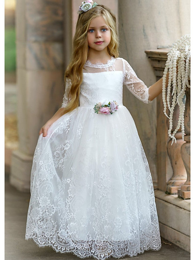 Long Sleeve Jewel A-Line Floor Length Flower Girl Dress