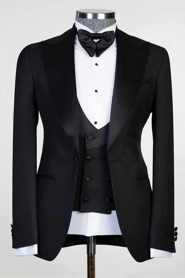 Black Three Pieces Suits With Satin Peaked Lapel - Edmund Hot Sale