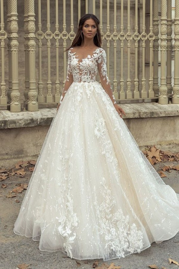 Gorgeous Bateau Long Sleeve Train A-Line Wedding Dress With Appliques Lace