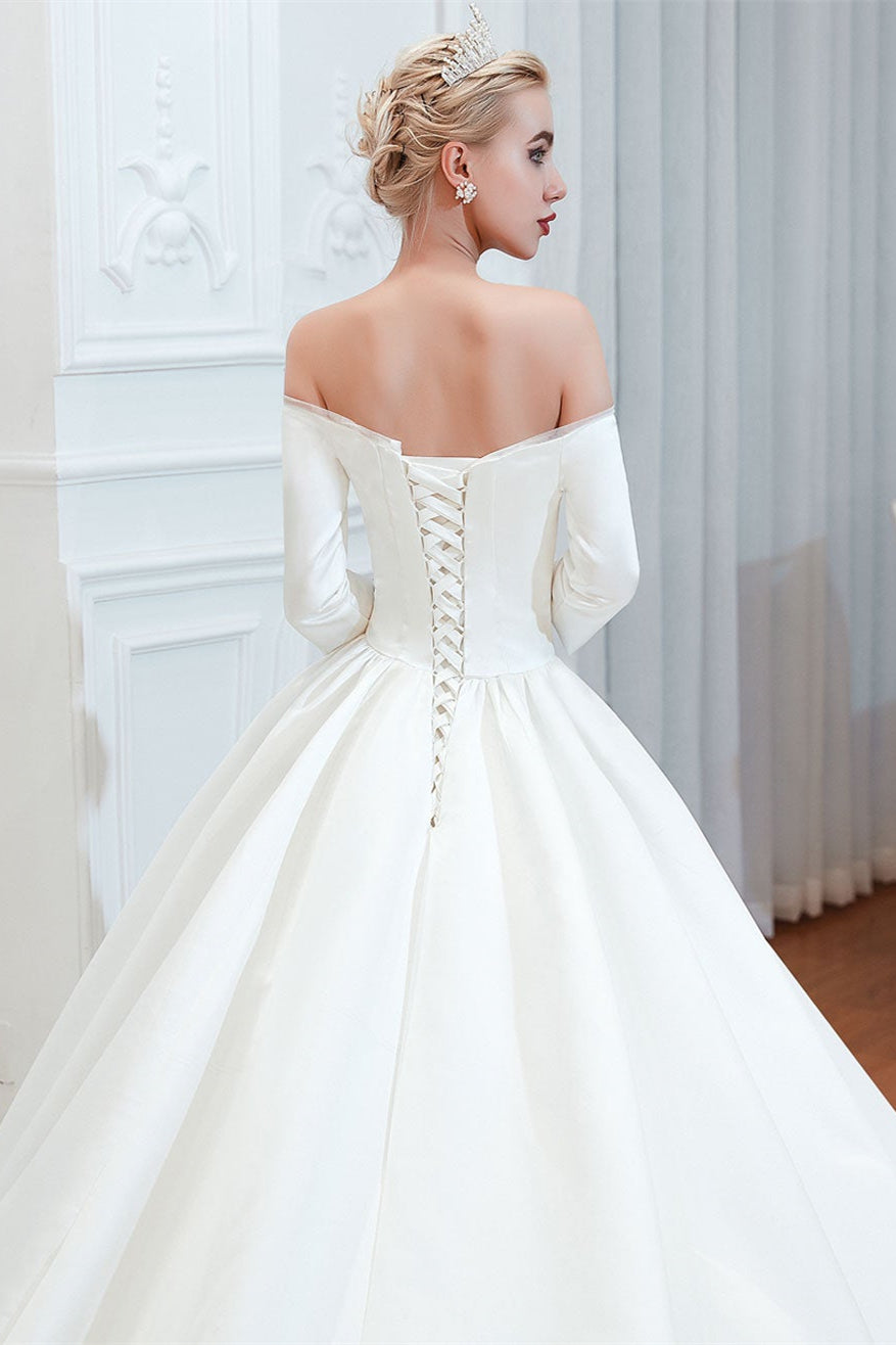 Half-Sleeves Satin Off-the-Shoulder Wedding Dress