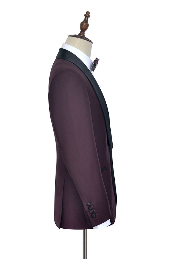 Luxury Black Shawl Collar One Button Burgundy Wedding Suit for Men