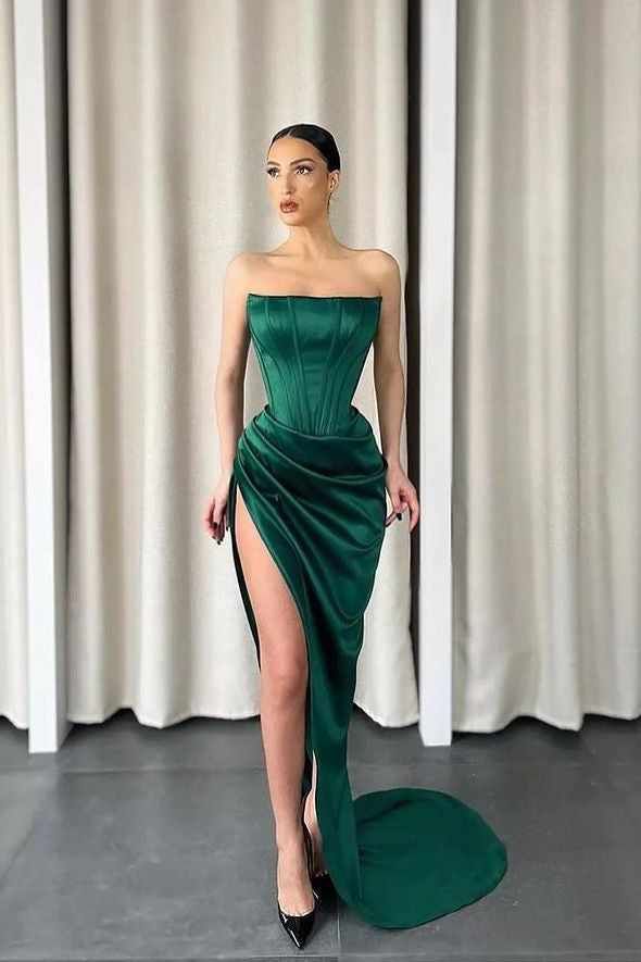 Dark Green Strapless Slit Sleeveless Long Mermaid Prom Dress