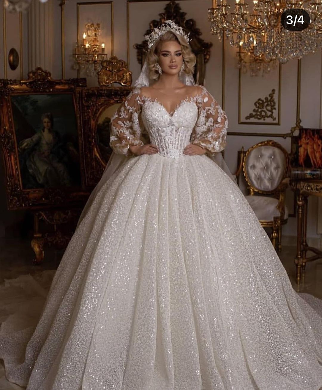 Luxury Long Ball Gown Wedding Dress With Puffy Sleeves and Appliques