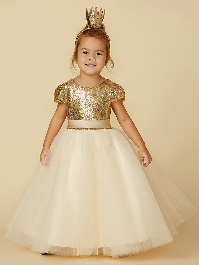 Princess Short Sleeve Jewel Neck Flower Girl Dress with Tulle Sequined Sash & Ribbon Sequin