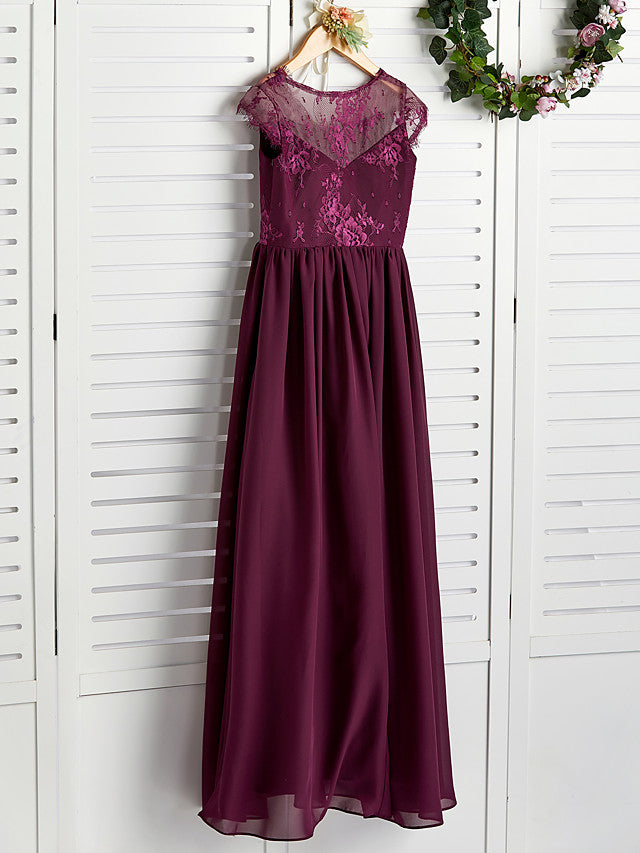 A-Line V Neck Maxi Chiffon/Lace Junior Bridesmaid Dress With Appliques