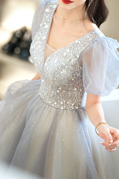 Elegant Grey V-Neck Long Evening Dress With Short Sleeves Sequins