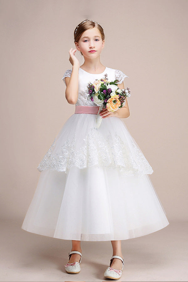 Lovely Jewel Cap Sleeves Flower Girl Dress Tulle