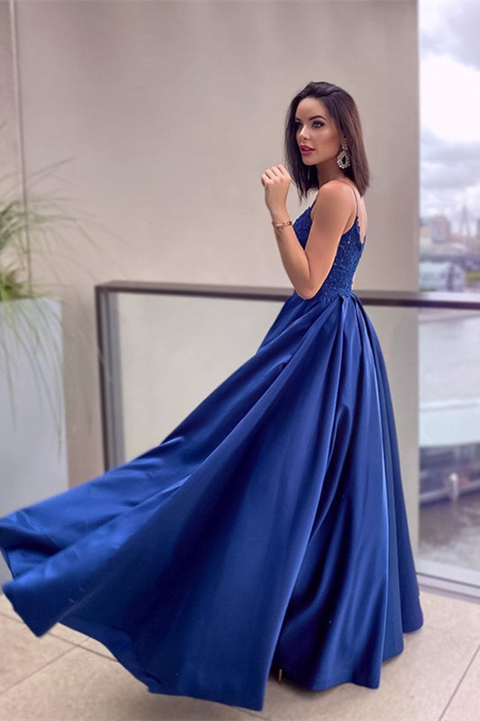 Royal Blue Lace Prom Dress with Pockets