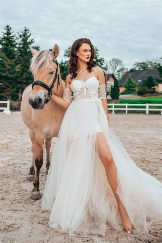 Detachable Lace Spaghetti-Strap Wedding Dress with Split Sleeves