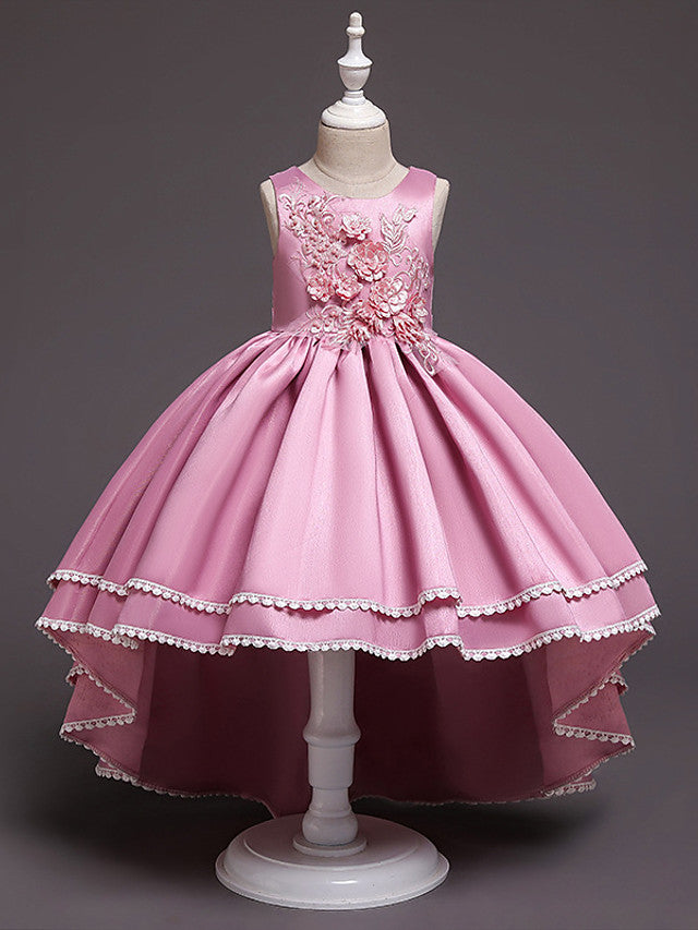 Satin Tulle Asymmetrical Flower Girl Dress with Lace Belt Appliques