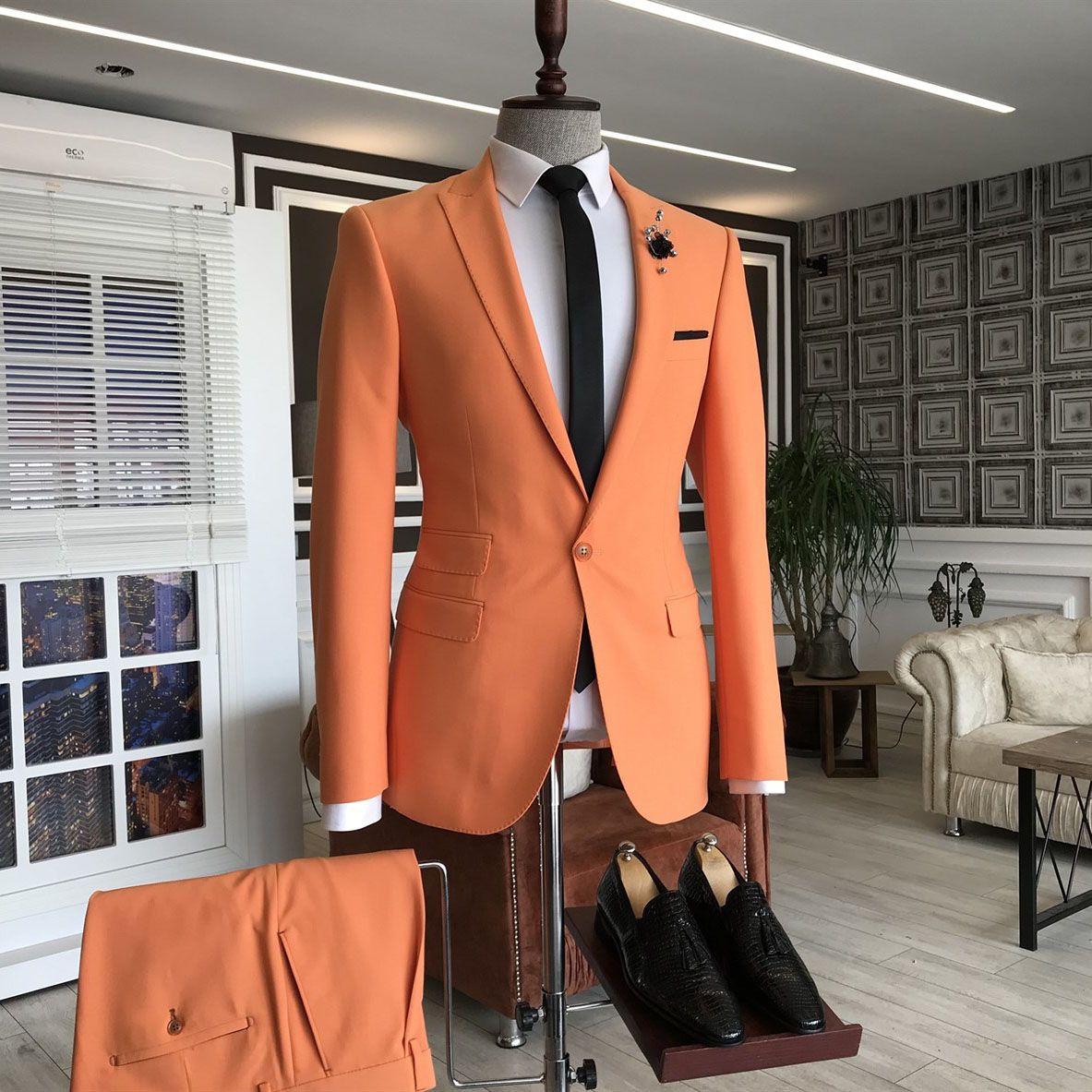 Look Sharp in this Shining Orange Homecoming Suit for Guys with Peaked Lapel