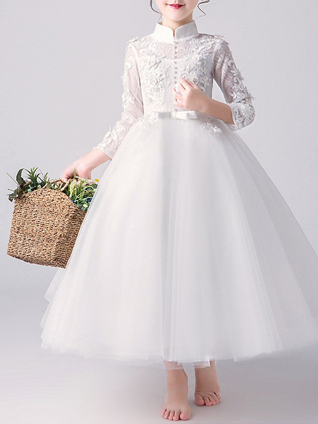 A-Line High Neck Flower Girl Dress Tulle with Bow Beading Appliques