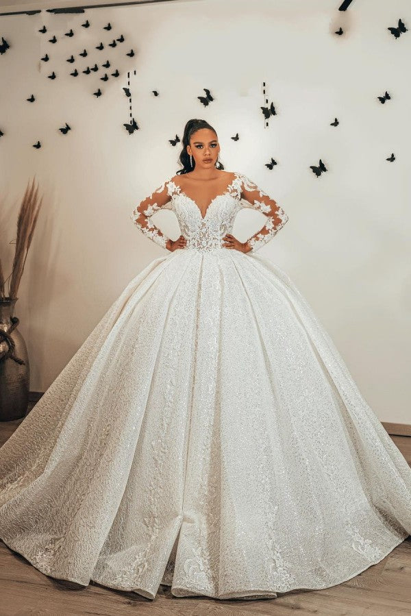 Gorgeous Ball Gown Sweetheart Wedding Dress with Long Sleeves, Ruffles, Appliques, Lace & Sequins