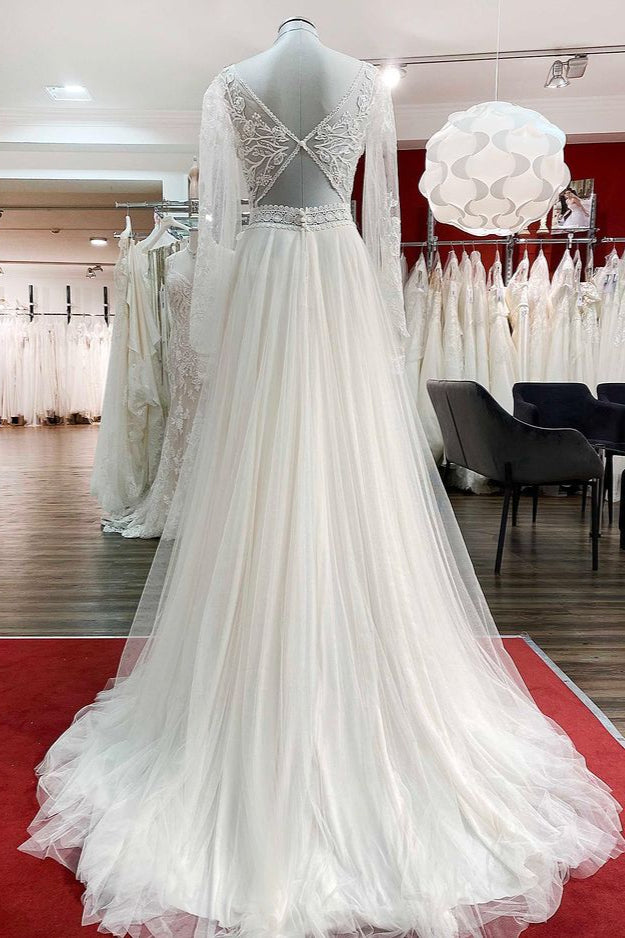 Long A-line Sweetheart Appliques Wedding Dress With Sleeves and Tulle Beadings Lace