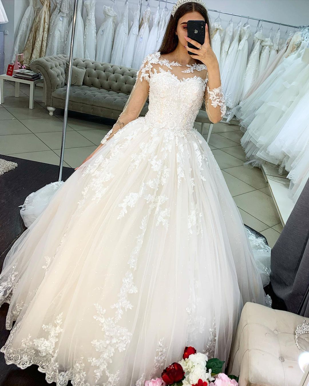 Classy Bateau Long Sleeve Princess Wedding Dress with Appliques and Lace Tulle