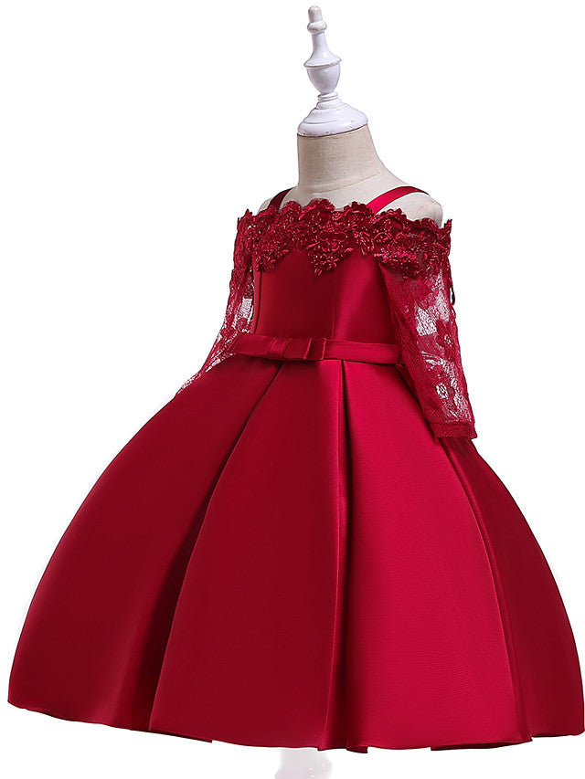 A-Line Cotton Blend Flower Girl Dress with Lace Sash & Ribbon Trim - 3/4 Length Sleeve Off Shoulder