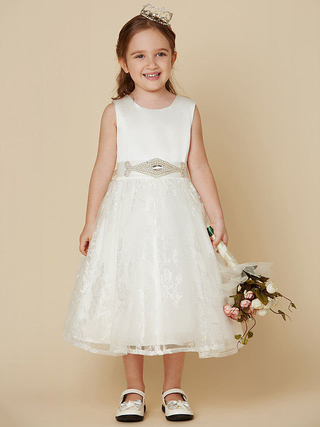 Princess Lace Satin Sleeveless Dress with Sash Bow for Flower Girls