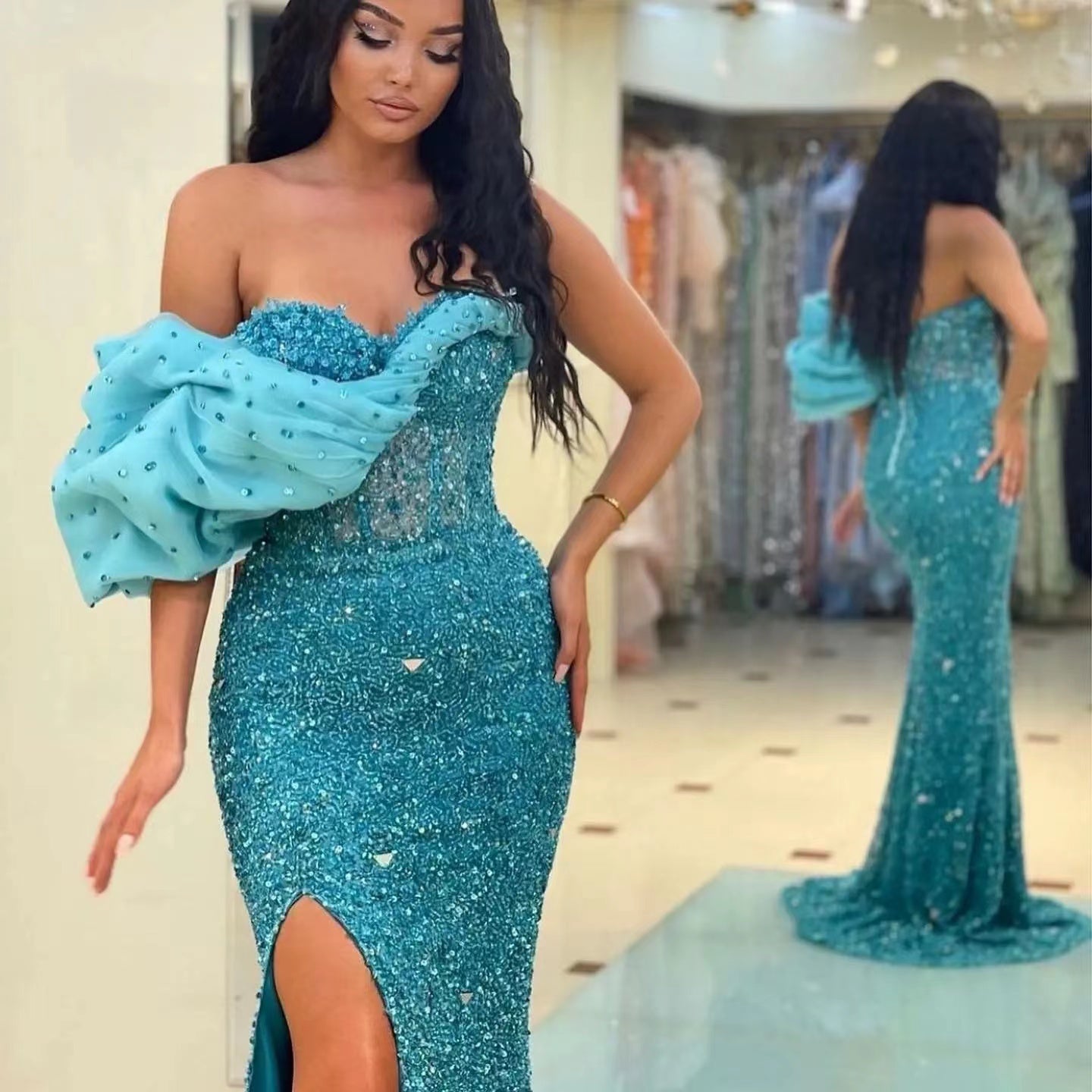 Amazing Sweetheart Mermaid Dress with Sequins & Off-The-Shoulder Split