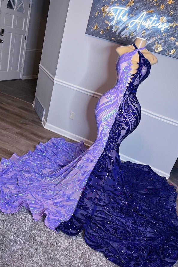 Mermaid Prom Dress with Halter Neck and Beaded Sequins Appliques - Purple