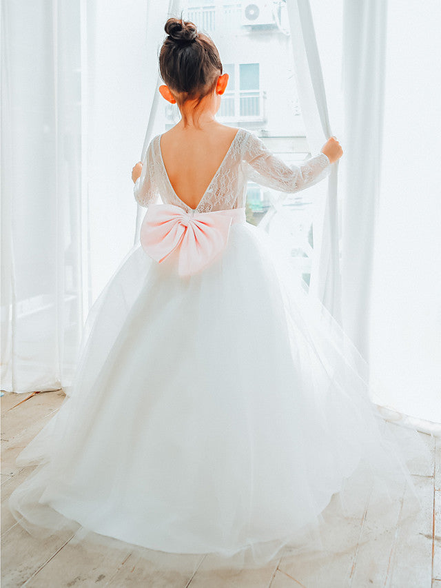 Long Sleeve Flower Girl Dress with Lace Tulle and Bows Belt