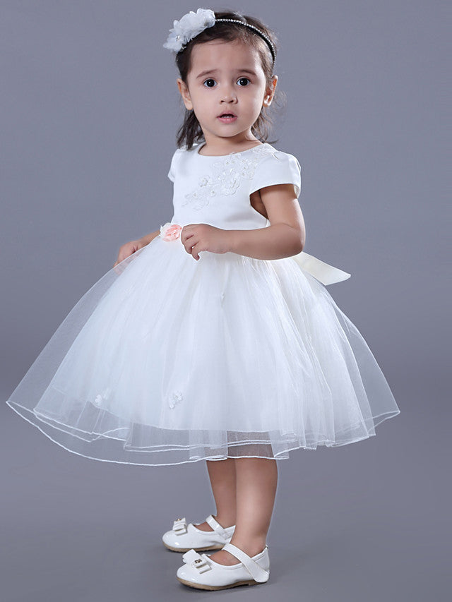 Short Sleeve Jewel Ball Gown Flower Girl Dress Satin Tulle With Beadings Embroidery