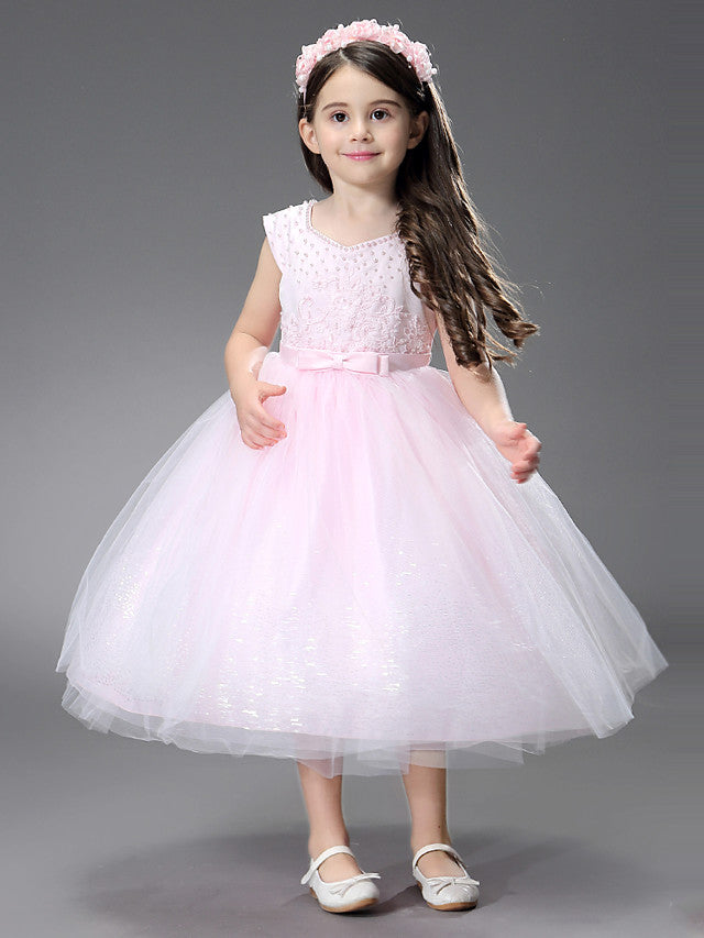 Princess Ankle Length Dresses with Beading Appliques for Flower Girls