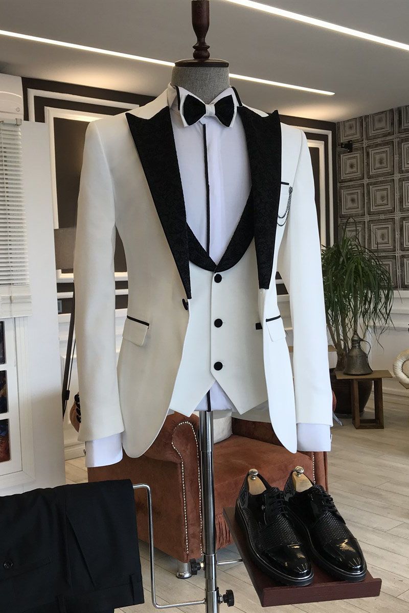 3 Piece White Party Prom Suits For Man with Black Peaked Lapel