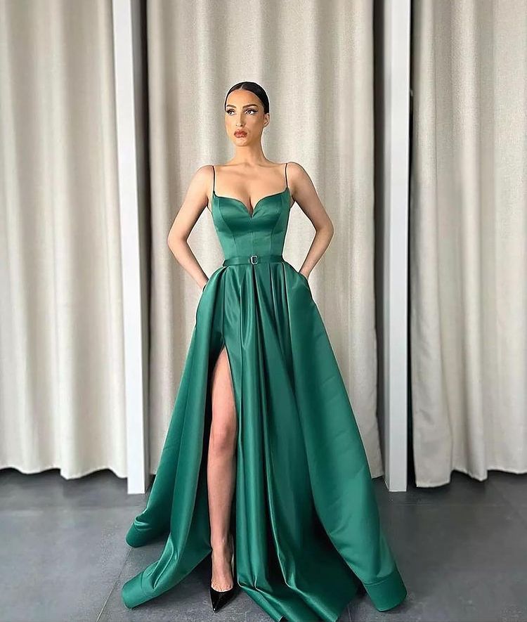 Dark Green Long Prom Dress with Spaghetti-Straps and A-Line V-Neck Split