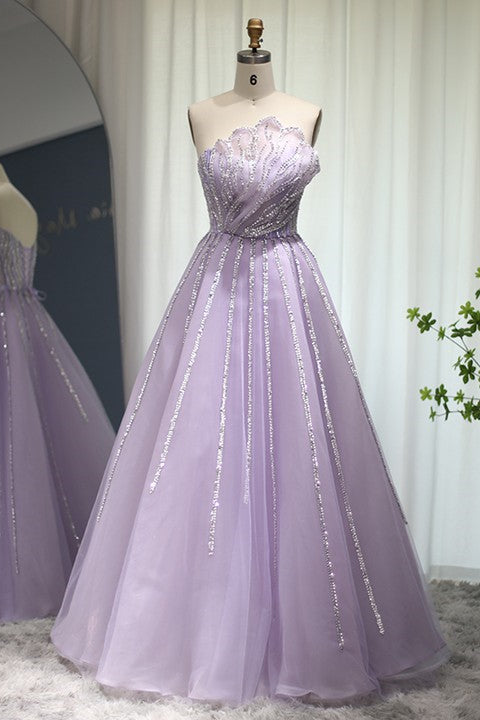 A Line Sleeveless Prom Dress with Flower Strapless Tulle and Appliques Sequins