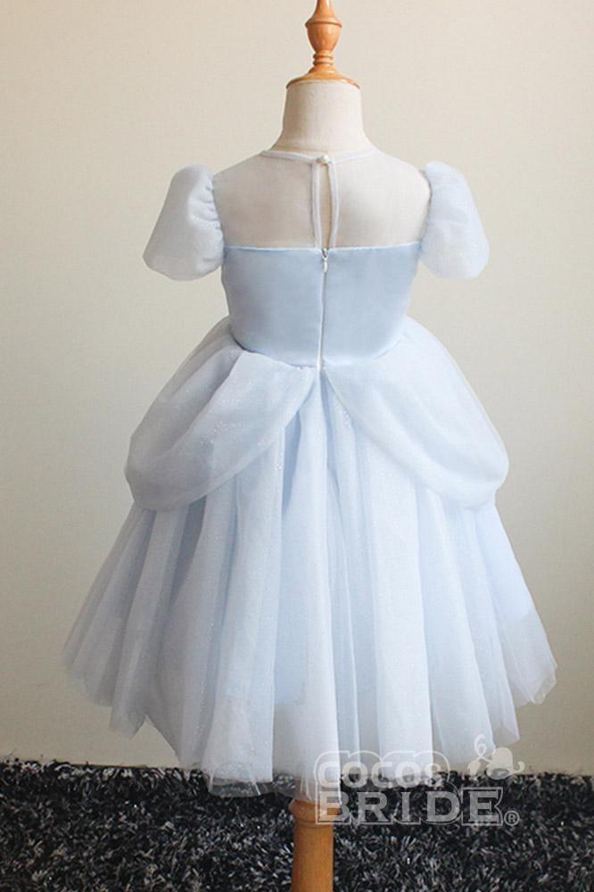 Light Blue Short Sleeves Ball Gown Dress with Scoop Neck