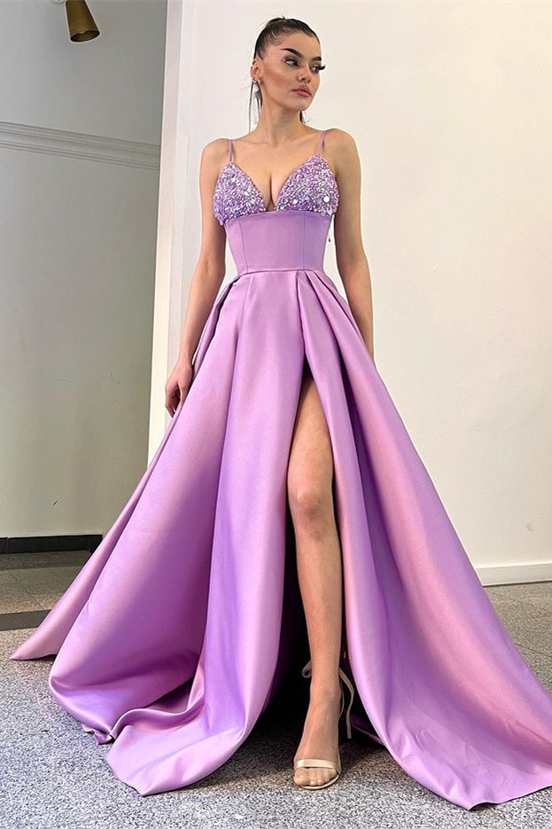 Gorgeous A Line Sequins Evening Dress with Split - Spaghetti-Straps Lavender