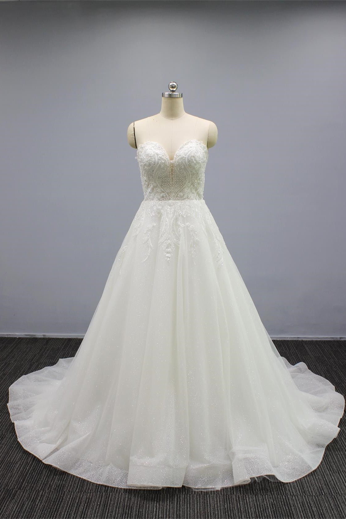 White Strapless A Line Wedding Dress with Tulle Appliques, Beading & Glitter Powder