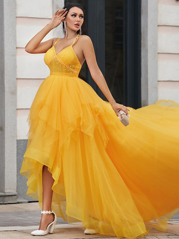 Tulle Prom Dress with Spaghetti-Straps and High-Lo Hem