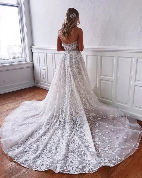 Gorgeous A-line Floor Length Long Wedding Dress With Sweetheart Lace