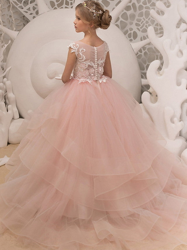 Flower Girl Dresses - Sleeveless Jewel Neck Ball Gown with Ruffles and Appliques