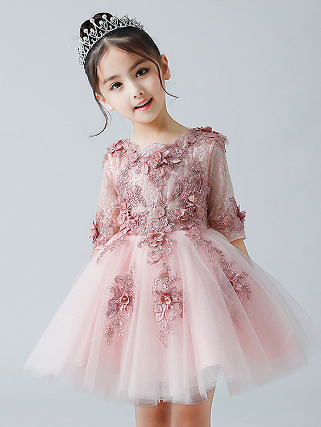 A-Line Half Sleeve Jewel Neck Flower Girl Dress with Tulle Appliques