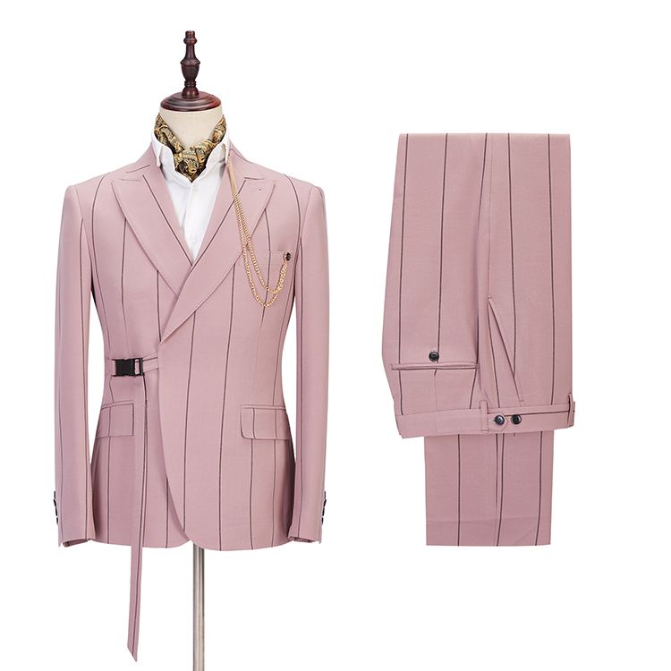 New Arrive Pink Slim Fit Prince Suit For Groom With Striped Peaked Lapel