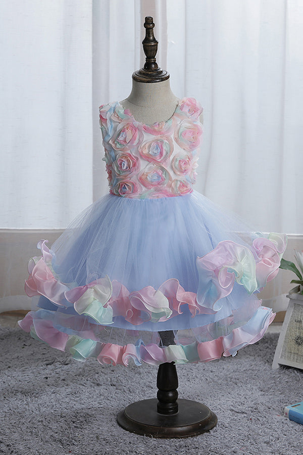 Princess Floral Jewel Sleeveless Flower Girl Dress with Tulle Appliques