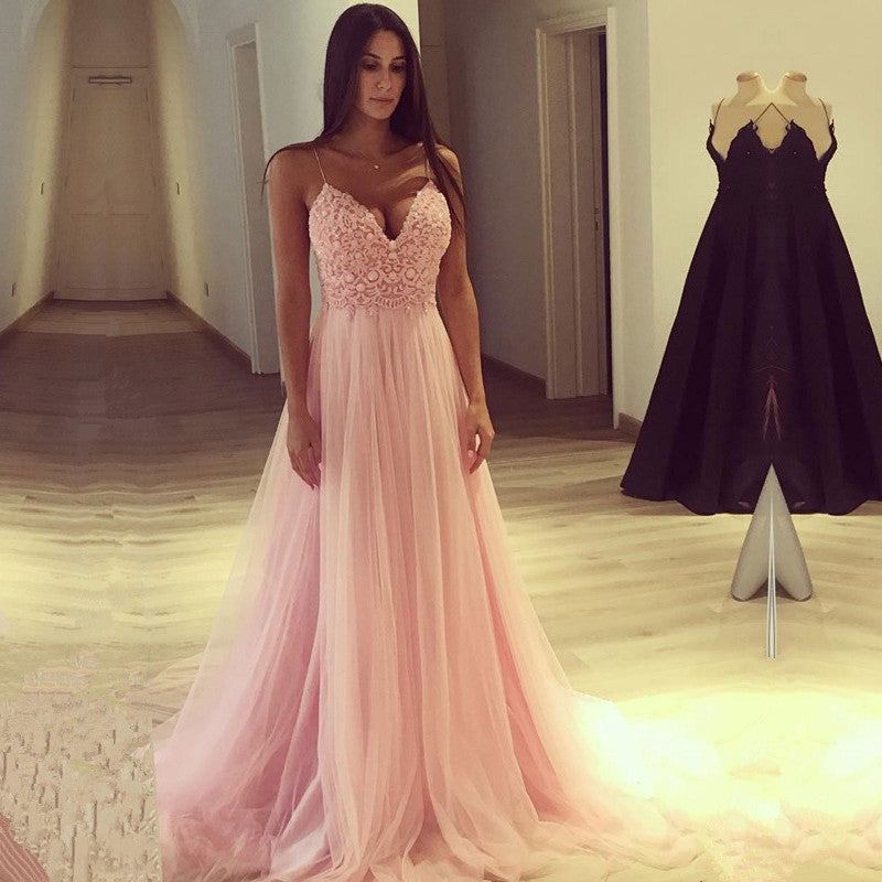 Gorgeous Pink Tulle Lace Spaghetti-Straps Prom Dress