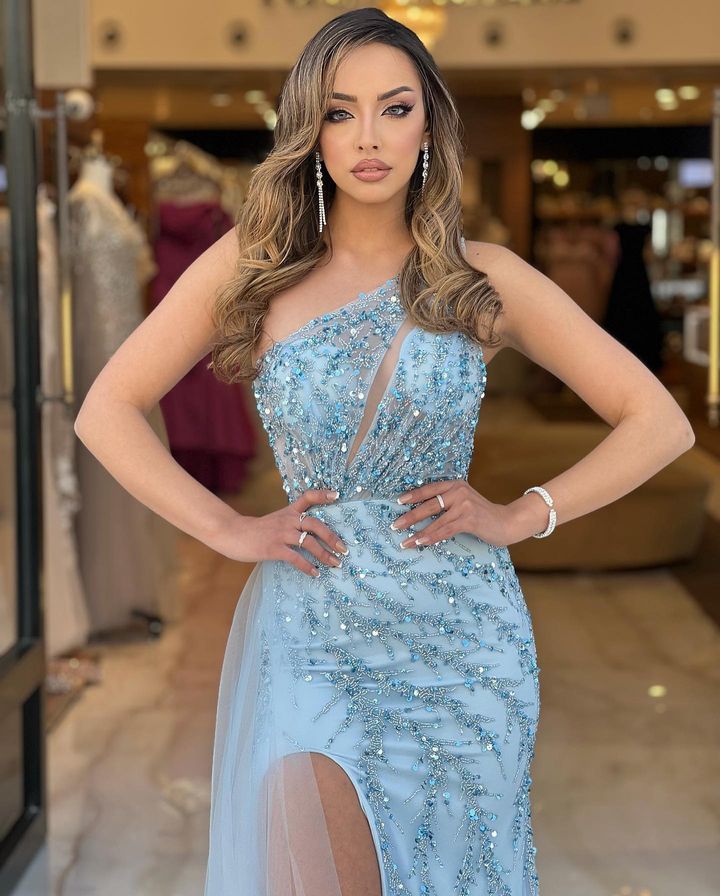 Glamorous Mermaid Prom Dress - Baby Blue with Split Sequins