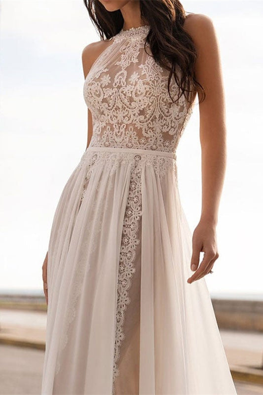 Halter Sleeveless Lace Wedding Dress