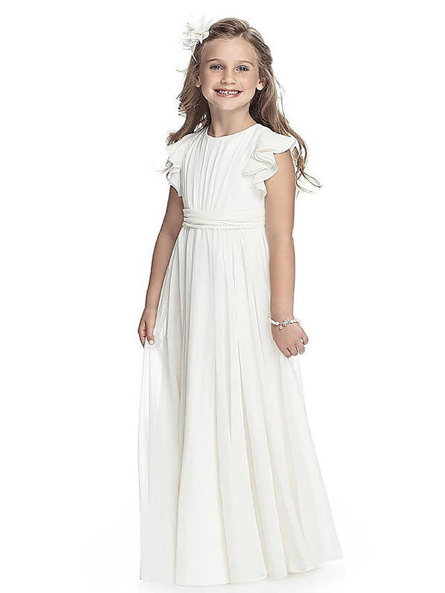 A-Line Flower Girl Dress With Jewel and Sash Ribbon - Floor Length