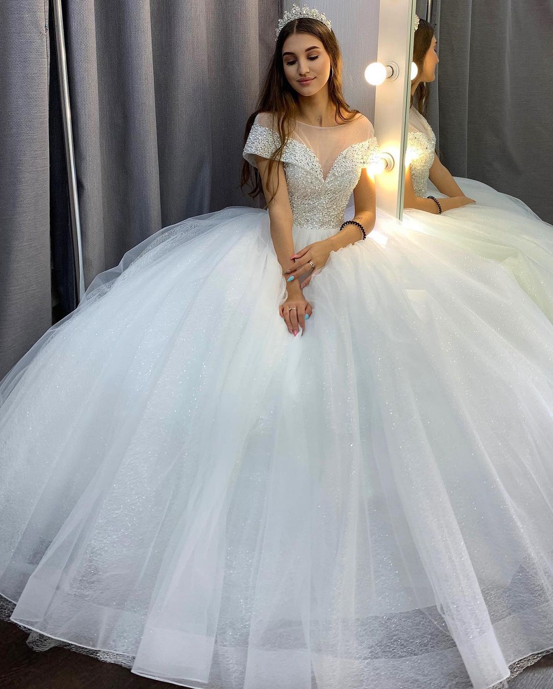 Elegant A-Line Bateau Wedding Dress with Crystal Sequins and Tulle Train