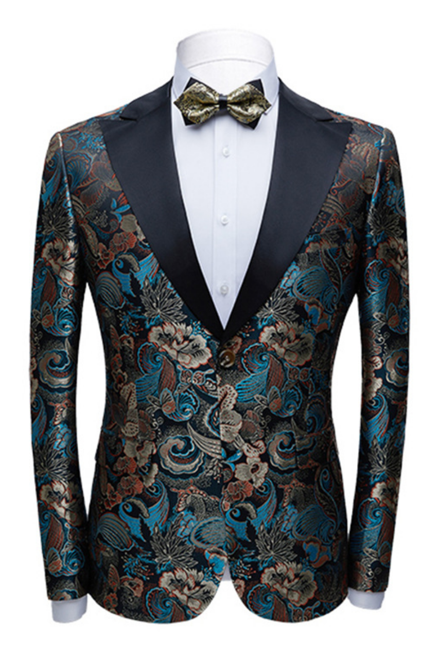 Look Sharp in the Advanced Floral Jacquard Wedding Suit With Black Peak Lapel