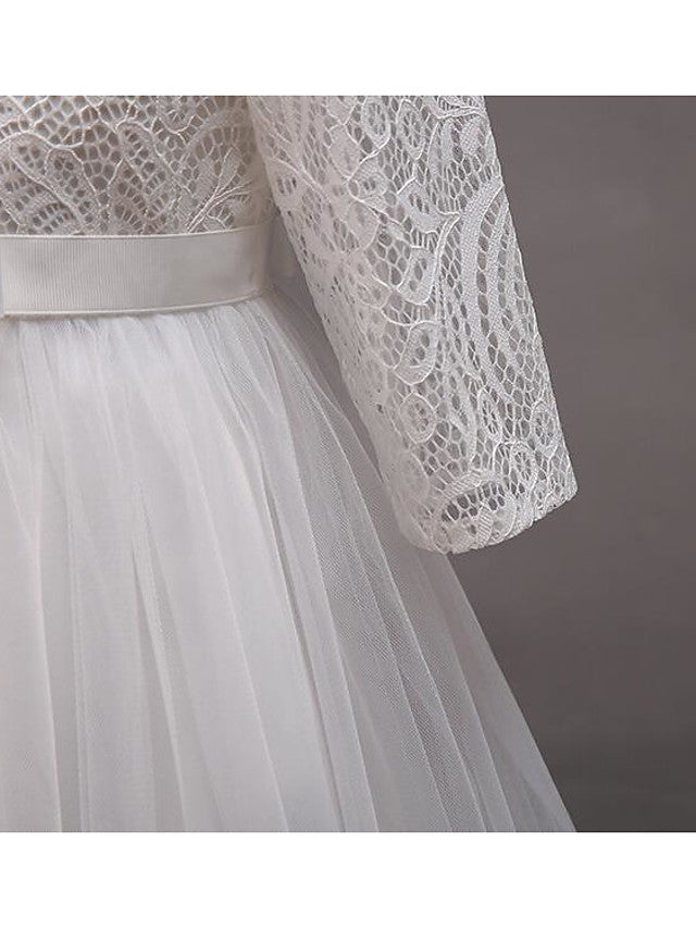 Half Sleeve Lace Tulle Jewel Neck Floor Length Flower Girl Dress With Cotton Belt