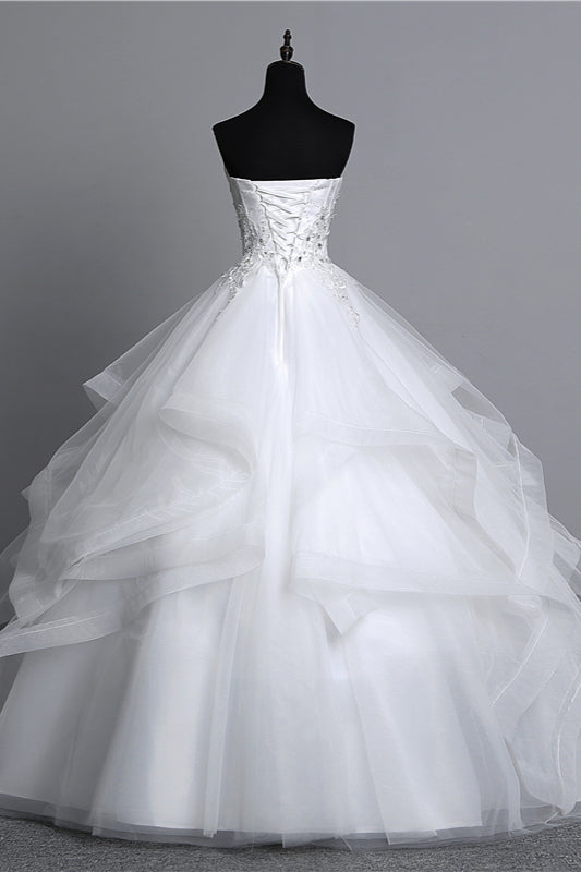 Gorgeous Long Ball Gown Strapless Wedding Dress with Tulle Layers and Appliques Beadings